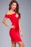 Placeholder: full body shot of young, beautiful Ozbek brunette with a perfect happy face with make up, wearing red off shoulder dress, in a dance club, hands on her hips