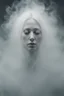 Placeholder: translucent female face barely visible from very dense white smoke and fog, translucent ghost-like face with lots of white hair, lots of fog in the background, surreal style