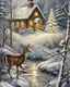 Placeholder: v20th century hungarian vintage postcard, painting of a deer in a snowy forest , a little cute village in the valley in the background, christmas mood, cosy enchanted winter scene, beautiful depiction, inspired by Terry Redlin, snowy winter beauty scene, painting, by Cindy Wright, beautiful detail, by Doris Blair, wintery scene, amazing detail, stunning artwork, vintage postcard, nostalgic style