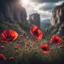 Placeholder: Red poppies blossoming in sharp focus against sunlight, brooding cliffs, bokeh effect softening the foreboding clouds in the background, studio photo setup, intricate petal details showcasing a cinematic production value in character renders, vibrant yet with high contrast, captured from a dark, low angle, atmospheric mood, 8k HDR resolution for a hyper-realistic botanical masterpiece, 500px quality.