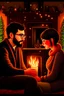 Placeholder: Fire place Christmas scene, dark haired couple, man with short black beard and glasses, blue eyes, young couple, graphic