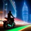 Placeholder: a guy in a futuristic motorbike leaving a futuristic city with neon lights at night, through a super highway, high speed, Looking from behind from a higher view to the highway seeing tall skyscrapers, outer space, vanishing point, super highway, high speed, digital render, digital painting, beeple, noah bradley, cyril roland, ross tran, trending on artstation