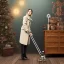 Placeholder: Woman standing with crutch, coat, toy shop background