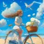 Placeholder: A girl is riding a bicycle on the beach. His cat is sitting in the front basket of the bicycle. Spring flowers can be seen everywhere. Beautiful blue sky with white clouds - kites in the sky. sense of peace. digital art, 8k, full details