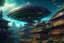 Placeholder: "UFO starship “- aflying over a cyberpunk medieval village - ultra high quality, sharp focus, focused, high focus, very sharp, high definition, extremely detailed, hyperrealistic, intricate, fantastic view, very attractive, fantasy, imperial colors, colorful