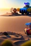 Placeholder: The robot and the moose on the beach happily making sandcastles in the sun, art by Pixar and Disney