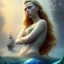 Placeholder: A beautiful portrait of a fusion of Scarlett Johansson and Elle fanning as a mermaid , leaning on a ships deck ,Rough sea in the background, a shark,snails, seashells (digitall art by Eugene de Blaas and Ross Tran, vibrant color scheme, highly detailed, in the style of romanticism, cinematic, artstation best quality, realistic lighting, masterpiece portrait, details light dusting , cowboy shot from above, simple chain hauberk Vector art digital illustration 3D shading )