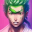 Placeholder: zoro, green hair, chainsawman, animestyle, denji, three chainsaw style, three sword style, majestic, soft pastel colors, soft smooth lighting, intricate detail, closed left eye, three sword, full body, sword in mouth, white skin