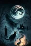 Placeholder: A black cat, running through smoke, in a graveyard, with a full moon in the background, and a witch casting a spell