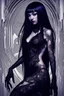 Placeholder: a woman with dark purple-black long hair and black tattoos on her body, a cold, indifferent expression, silver and black onyx jewelry, black lace dress, cybernetics, crepy stunning anthropomorphic female, Minjae Lee vibe, cbybernetic and etheral human, ancient deity, by Vincent Lefevre and Yoshitaka Amano, stunning 3d