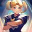 Placeholder: Clear focus, High resolution, girl wearing a sailor moon outfit, short blonde hair with 2 long pigtails, blue eyes