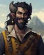 Placeholder: fantasy demon tiefling horned, small ram horns, rogue scoundrel happy go lucky, cheeky smile smirk, gunslinger pirate pistol, gray ashen skin, pirate gear, yellow shining cat eyes, black neck length hair, short black beard