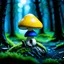 Placeholder: "Close up of a wonderful tiny Mushroom Tower home. Yellow and blue with bright white, deep black and contrasting tones of gray. Illuminated bioluminescent forest. Professional painter, master at composition. small but detailed. broken, blurred background, voluminous lighting"