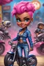 Placeholder: airbrush illustration of the chibi cartoon character, a voluptuous black female in a blue jean outfit with biker boots. Her prominent makeup and hazel eyes, along with her detailed pink pixie haircut, are featured in this image, set against the background of a lively bike show.