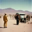 Placeholder: Archival color photograph of aliens landing at Area 51 and meeting James Dean in jaunty desert garb