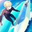 Placeholder: ONE anime blonde boy on a surfboard, riding the perfect waves