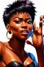Placeholder: A vibrant digital illustration of a carribean woman with a confident yet playful expression. She is making a gesture by a raised brow. highly detailed short faded haircut. Her large hoop earrings are clearly visible, adding to the bold and expressive character of the artwork. with soft lighting accentuating the details of her face.", ink wash