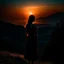 Placeholder: dark night, watching a woman from behind wearing a sleeveless dress who is watching a beautiful orange sunrise in the distance, mountains and forests around, photo quality