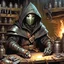 Placeholder: 90's fantasy tcg art of a hooded man with a metal mask in a junk workshop