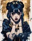 Placeholder: Poster in two gradually, a one side malevolent goth vampire girl face and other side the Singer Melanie Martinez face, full body, sit pose, painting by Yoji Shinkawa, darkblue and gold tones,