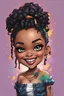 Placeholder: create a colorful abstract pop punk art image 8k of a chibi curvy black female wearing torn jeans pants with fringe on the side a black-tie dye off the shoulder blouse. Prominent make up with hazel eyes. Highly detailed curly messy bun with a hair wrap. She hugs a kitten both are smiling d