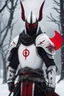 Placeholder: The character, depicted in a striking white armour against a wintry backdrop stands with his hands behind his back inside the scene, he has a red and black circular symbol on his chest like a shield, a black pointed spear with a red handle on his back, His eyes are showing a dynamic expression and he wears a black oni mask with white teeth covering the bottom part of his mouth he has brown shoulder pads and a white karate belt with a bag attached to it. He has dark brown hair. He has no helmet.