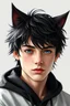 Placeholder: A young man with messy black hair, black cat ears on his head, blue eyes.