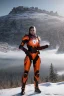 Placeholder: full body portrait of a beautiful girl, wearing glowing orange armor, futuristic armor, relaxed standing posture, nice smile, snowy mountain background, snow, fur cloak, full body, 4k, unreal engine 5