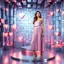Placeholder: make a picture pretty stage made of metallic blue-gray teme 3d recursive cubic and sphere and heart simbol lights s base structures and a beautiful fashion model lady standing with cute in scene with sexy top and pretty pleated midi skirt ,makeup curvy long hair,dynamic camera zoom to full body and pan, dynamic lights.