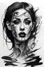 Placeholder: A realistic drawing in negative space black ink on white background of a beautiful goth women with abstract brushstrokes face tattoos to enhance her face