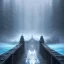 Placeholder: fantasy art, book cover, upper body of big mad wizard in front of the ebony stairs of a bridge or dam ,icy water, on the bridge is a wolf, there is also a hawk and everything is seen from the tree tops