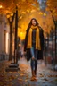 Placeholder: night yellow lights over the street trees autumn leaves under feet ,a Student adult girl with books in her hand walking in street looking to camera her lover flowing her with few steps far