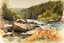 Placeholder: Sunny day, rocks, mountains, flowers, river, epic, winslow homer watercolor paintings