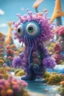 Placeholder: plexi glass wall, portrait cute fluffy toy wolly illithid mind flawyer in a water slide holding weird flowers in his trunk in the style of pixar, on a strange planet with weird colors and wind turbines, bokeh like f/0.8, tilt-shift lens 8k, high detail, smooth render, down-light, unreal engine, prize winning