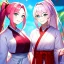 Placeholder: Clear focus, 8k, high quality, detailed, beautiful lighting, girl, vibrant colors, pink long hair, vibrant blue eyes, twins, miko, smile, ponytail