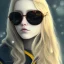 Placeholder: Girl with long wavy brown blond hair, yellow eyes. Wears Hogwarts Hufflepuff uniform, sunglasses with a yellow clip. She has a snowy owl with yellow eyes on her shoulder.