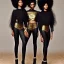 Placeholder: Twins, black skin, tall and slender, long afro kinky hair,slanted almond shaped dark brown eyes, warrior wear. Gold accents, futuristic