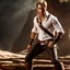 Placeholder: chris pine as handsome warrior king, muscular, long blonde hair, male age 30, wearing jeans and a white button-up shirt, tan skin, tattoos, photorealistic 4k dark fantasy