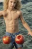 Placeholder: full body image of a beautiful 12 year old boy with shoulder long, blonde curly hair and light blue eyes, smiling, shirtless, holding a red apple in his right hand, in front of an distant beach, photorealistic