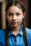 Placeholder: A girl with brown hair in two braids with brown eyes and a blue jumpsuit with a white shirt underneath