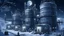 Placeholder: Excited robots living in hyper detailed Carpenter Gothic architecture silos, now homes, during a snowy winter night, HD, mechanic details highlighted by moonlight, snow-covered landscape.