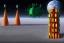 Placeholder: Painting of one mile tall plastic city Towers on the moon made out of stacked Rubik's Cubes, Orange, white, blue, green. Jewel tones