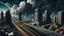 Placeholder: A cityscape at night with a train track running through the center, surrounded by tall buildings and a cloudy, dramatic sky