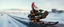 Placeholder: close up on gnome troll hit man with rocket boots in suit on a mech sled doing jumping stunt in winter wasteland, style of fallout 4, high speed with motion blur, on elevated road, gnome doing a cool pose on the sled, standing on knee with one hand on sled