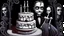 Placeholder: draw a birthday cake with logo number 23 or one candle 23 .Insanely detailed Addams Family movie still with Barbie dolls, art by tim burton