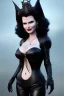 Placeholder: Geena Davis as evil queen in black leather, leather, busty, cleavage, angry, rage, stern look. character design by cory loftis, fenghua zhong, ryohei hase, ismail inceoglu and ruan jia. unreal engine 5, artistic lighting, highly detailed, photorealistic, fantasy