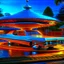 Placeholder: award winning car and driver digital 64k photorealistic image of a futuristic used UFO station wagon designed by an unknown alien civilization for sale in the front yard of a kentucky home, only one vehicle per image painted metallic orange traveling at a high rate of speed,the rear with bright blue flame, bilaterally symetrical