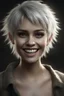 Placeholder: Werewolf, Chiaroscuro lighting, deep shadows, rich deep colors, masterpiece, full body portraits, 8K Ultra-HD, Hyper Realistic, Photorealistic, Realistic, focused, Clear, Extremely Detailed, beautiful, Cinematic, proportionate, full color, an image of a smiling young female Werewolf with short, pixie-cut bleached white hair, tapered on the sides, wearing a pair of blue round lensed glasses, big, gold hoop earrings, big happy smile, a foggy, cloudy blue background