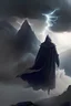 Placeholder: dark fantasy image of single male cloaked and hooded, wearing dark long robes floating with arms spread wide above a mountain coming out of the clouds being struck by lightening