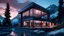 Placeholder: Lake house, pink facade, stone facade, black glass frame, views of the snowy mountain hills of Aspen, blue hour, realistic vray, 8k, modern architecture 8k 8k]